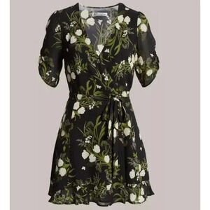 Reformation Monica Anastasia Black Floral Ruffle V-Neck Tie Wrap Mini Dress S